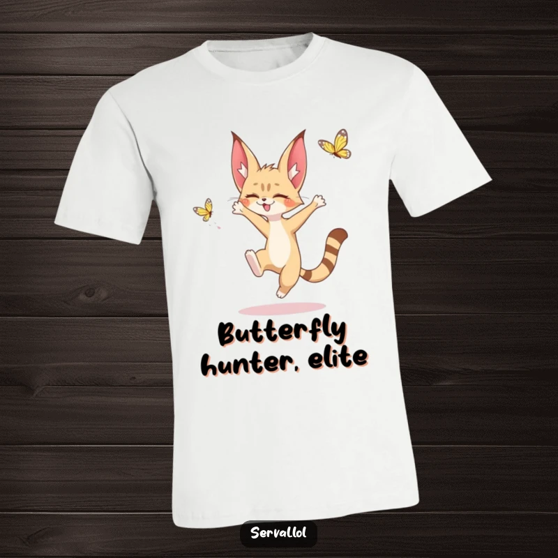 Funny t-shirt featuring a kawaii serval character joyfully leaping to catch a colorful butterfly, showcasing playful movement and charm.