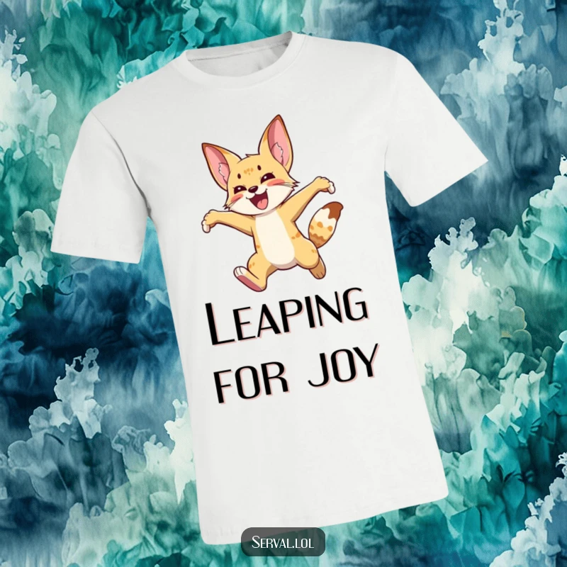 Funny serval t-shirt illustrating a wild cat mid-air, captured in a moment of pure, unadulterated joy and energetic leaping.