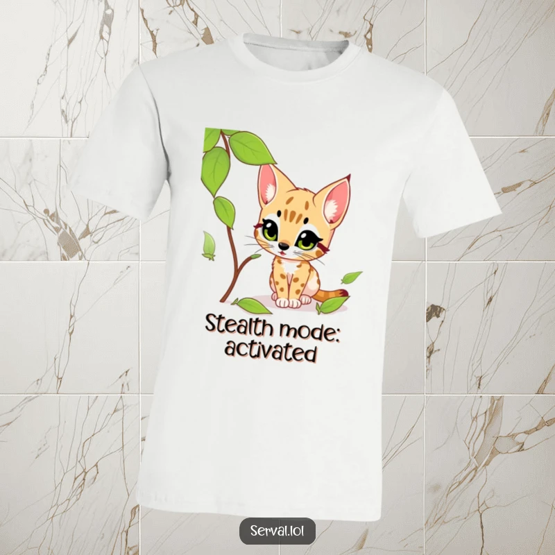 Funny serval t-shirt depicting a focused serval intently stalking a rustling leaf with sheer excitement and playful energy.
