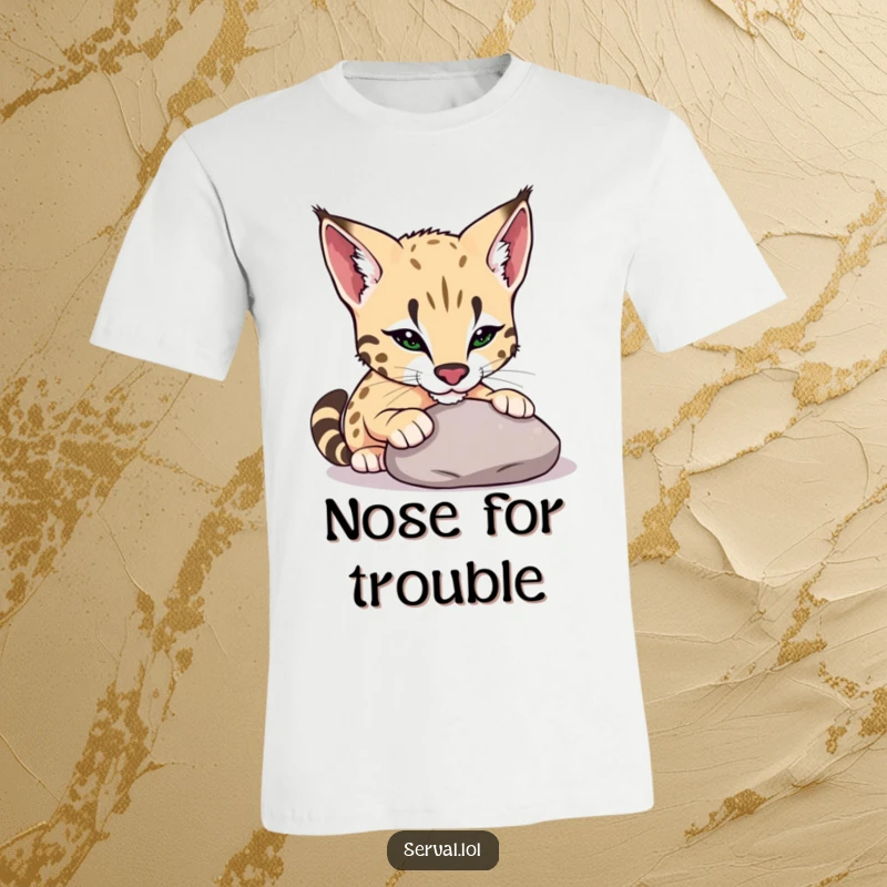 Funny serval t-shirt depicting a serval playfully pushing a smooth pebble with its nose, embodying innocent curiosity and gentle play.