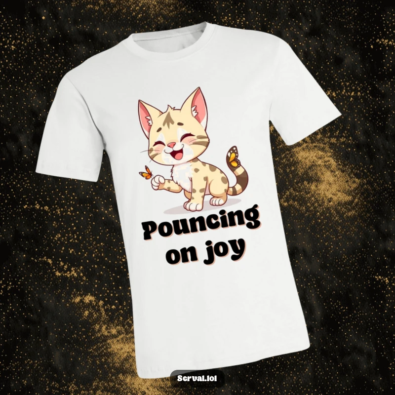 Funny Serval T-Shirt: A happy serval character in a playful pounce, targeting a tiny butterfly, on a fun tee.