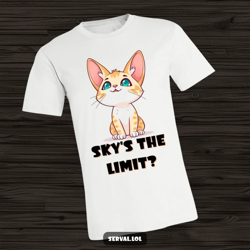 Funny serval cat character t-shirt featuring a serval cat gazing expectantly at the sky, embodying dreams and longing.
