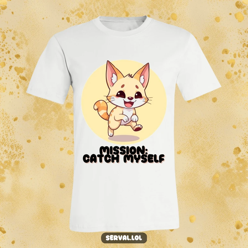 Funny serval t-shirt featuring a wide-grinned serval in a comical loop, gleefully pursuing its own tail in a dizzying chase.
