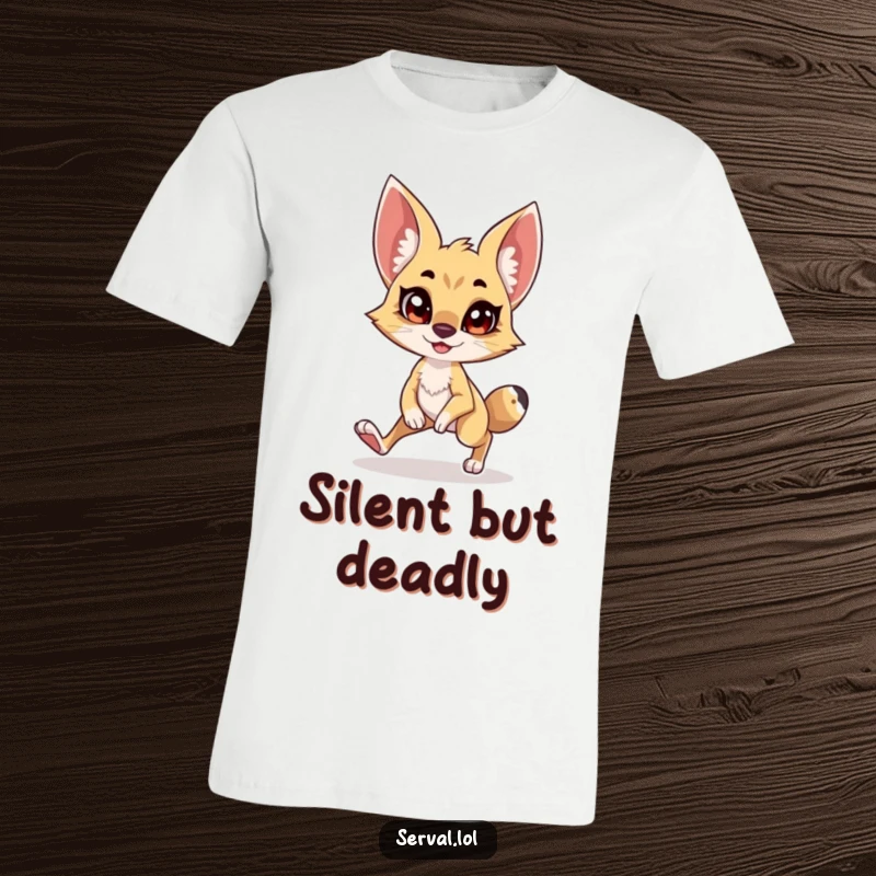 Funny Serval T-Shirt: A serval character in a hilarious, stealthy tiptoe pose with a delighted grin, great for a gift.