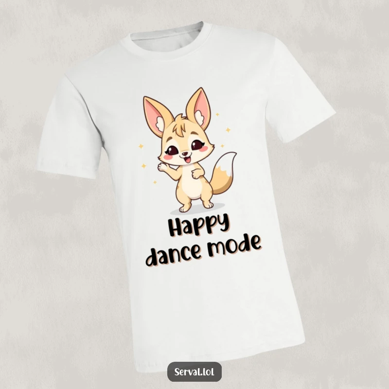 Funny Serval T-Shirt: A serval doing a happy wiggle dance with pure joy, perfect for celebrating and gifting.