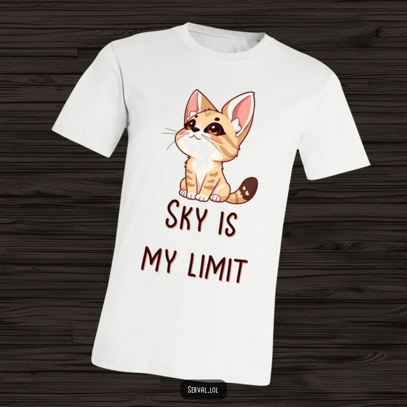 Funny Serval Wonder T-Shirt. A serval cat looks up at the sky filled with wonder, its expression capturing a moment of awe.