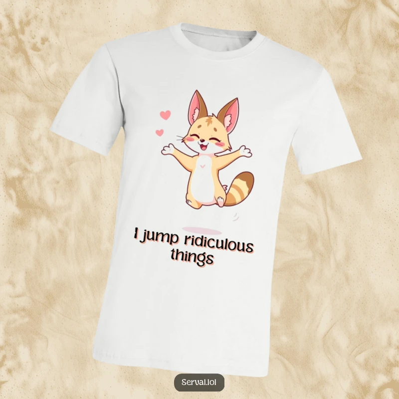 Funny serval t-shirt featuring a serval in a dynamic, funny jump, showcasing its graceful agility and playful nature.