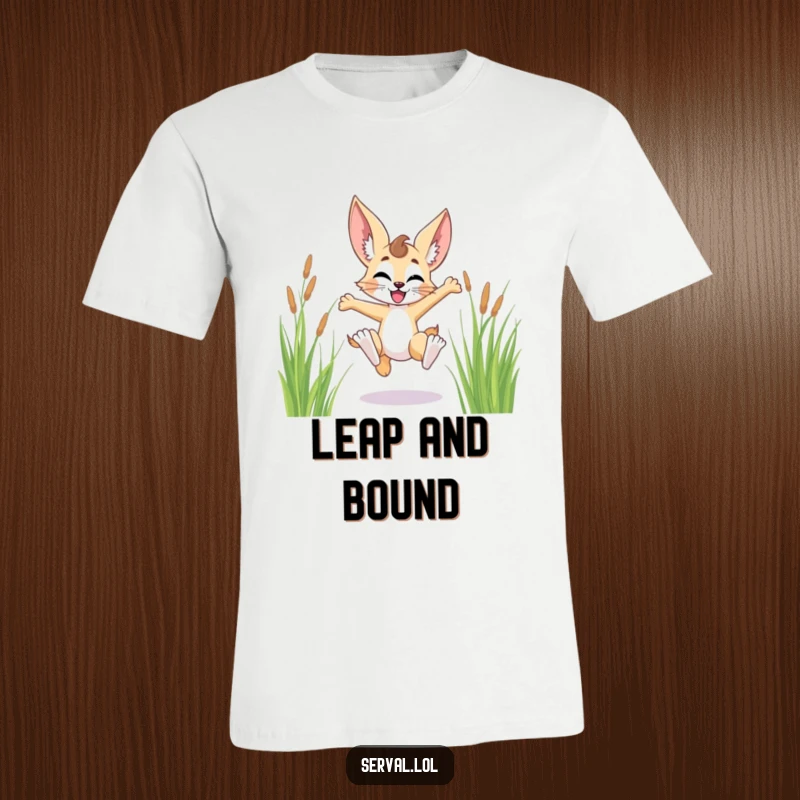Funny serval character t-shirt, captured mid-leap, joyfully soaring through vibrant, tall grass, exuding pure, unadulterated happiness.