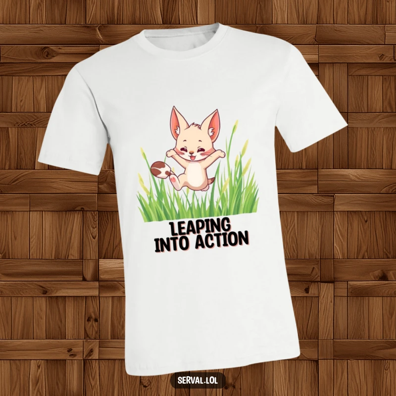 Funny t-shirt depicting a serval cat in a playful leap through tall grass, showcasing athletic grace and wild spirit.