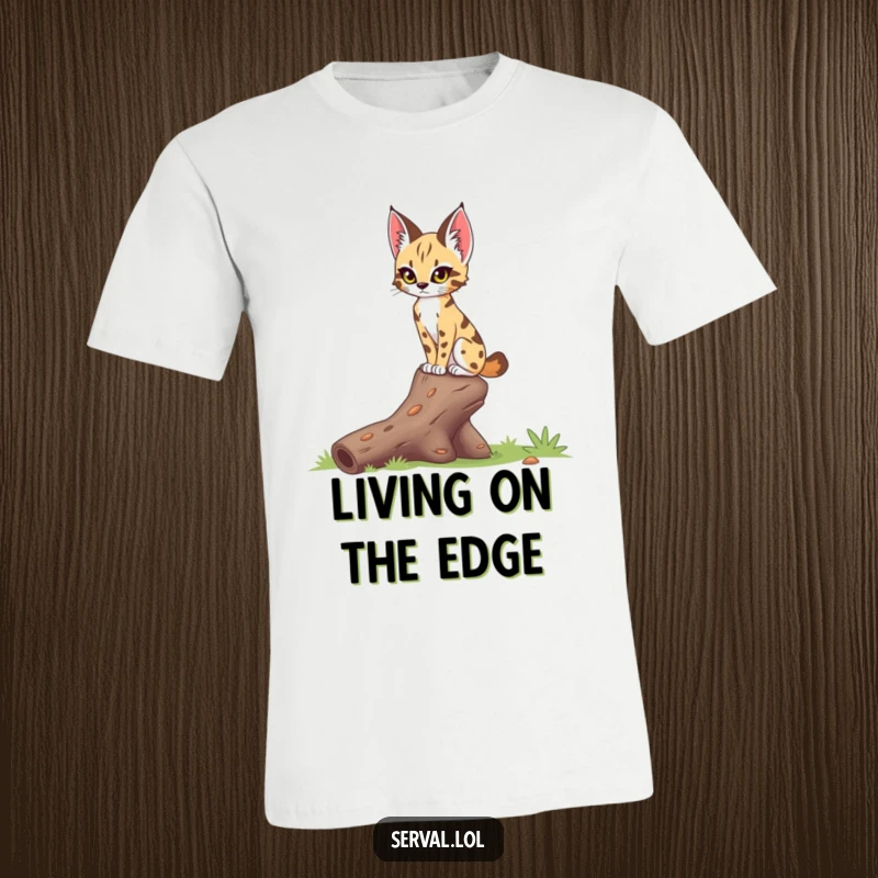 Funny serval t-shirt depicting a serval with a concentrated gaze, carefully balancing on a narrow fallen log, showcasing agility and poise.