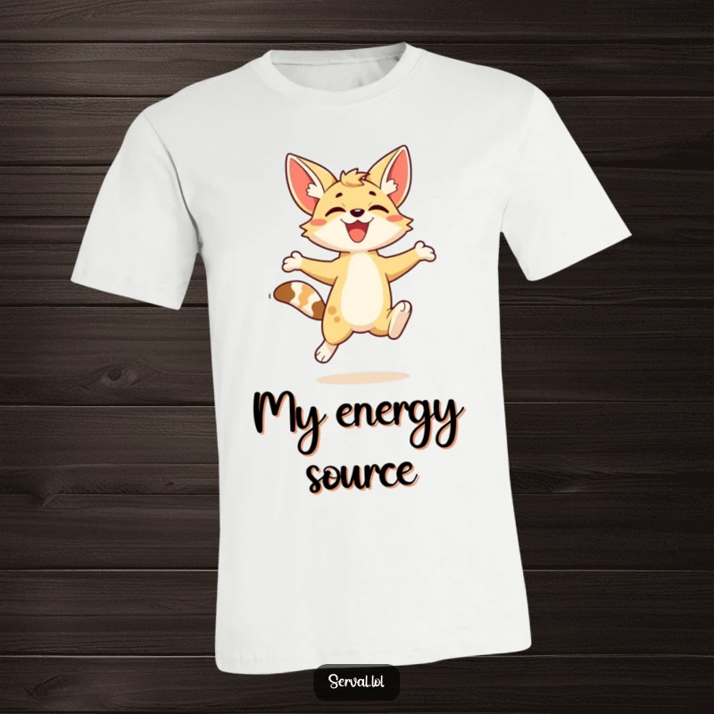 Funny kawaii serval character captured mid-leap with boundless energy and a smile, printed on a t-shirt.
