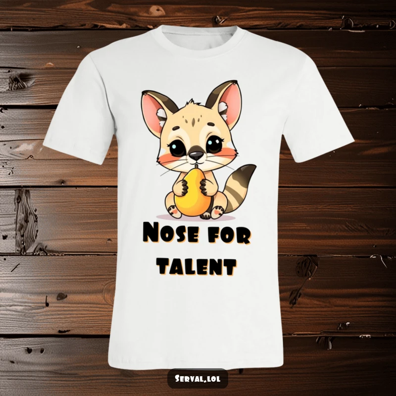Funny serval character t-shirt, demonstrating perfect balance by holding a small piece of fruit on its nose with a proud expression.