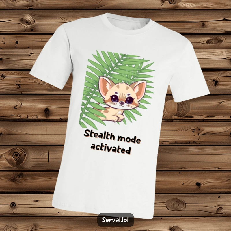 Funny kawaii serval cat peeking from behind a lush fern, a charming and humorous t-shirt design for animal lovers.