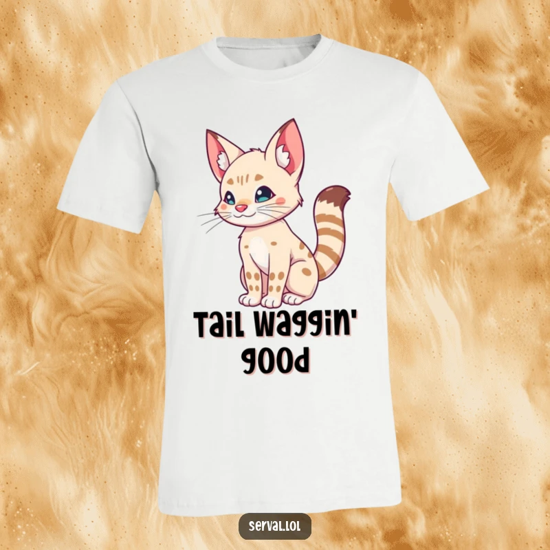 Funny t-shirt depicting a serval performing a silly tail wiggle, a humorous and energetic design for cat fans.