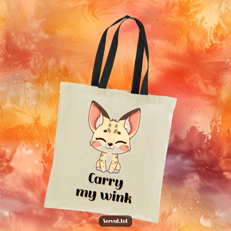 Funny serval tote bag with a serval winking, its distinctive spotted ears adding a playful accent.
