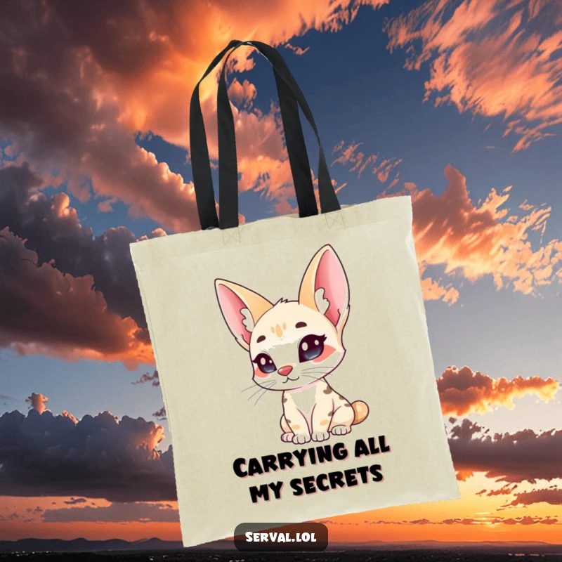 Funny serval tote bag, a wild cat with large ears curiously tilting its head, perfect for carrying items.