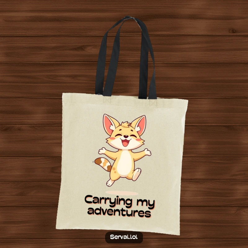 Funny kawaii serval character in a joyful, energetic leap, featured on a practical and humorous tote bag.