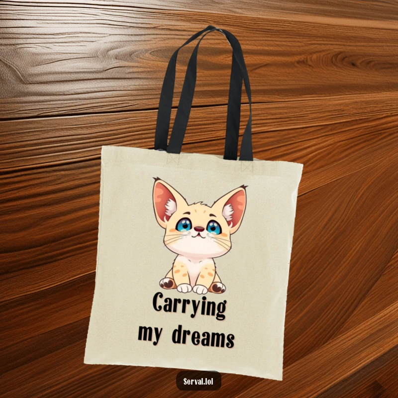 Funny serval tote bag featuring a serval gazing at the sky with bright eyes, perfect for carrying items with a touch of wonder.
