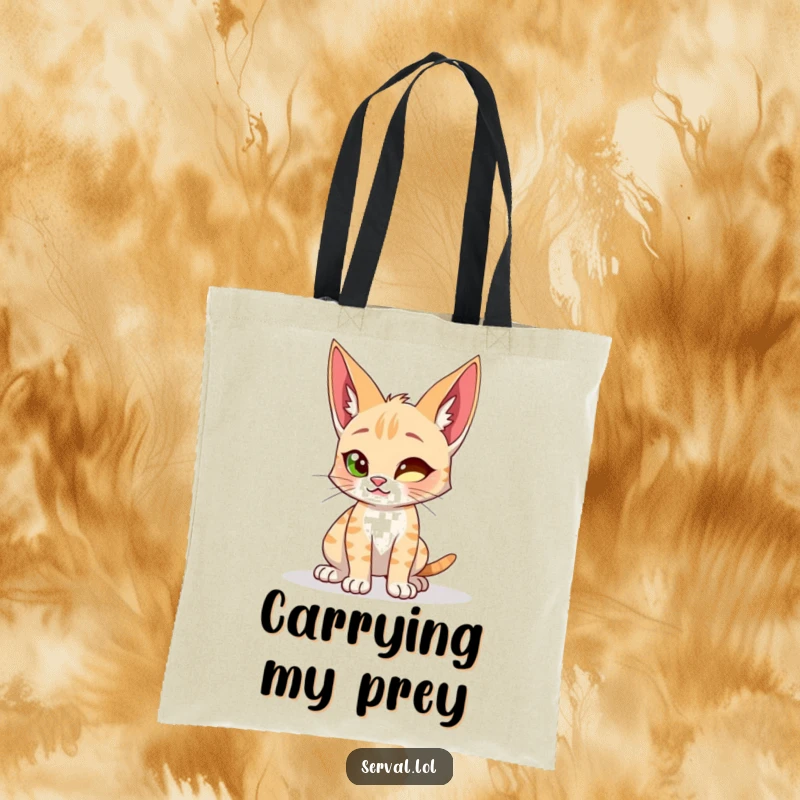 Funny tote bag showcasing a serval cat in a determined, playful crouch, embodying eagerness and wild spirit.