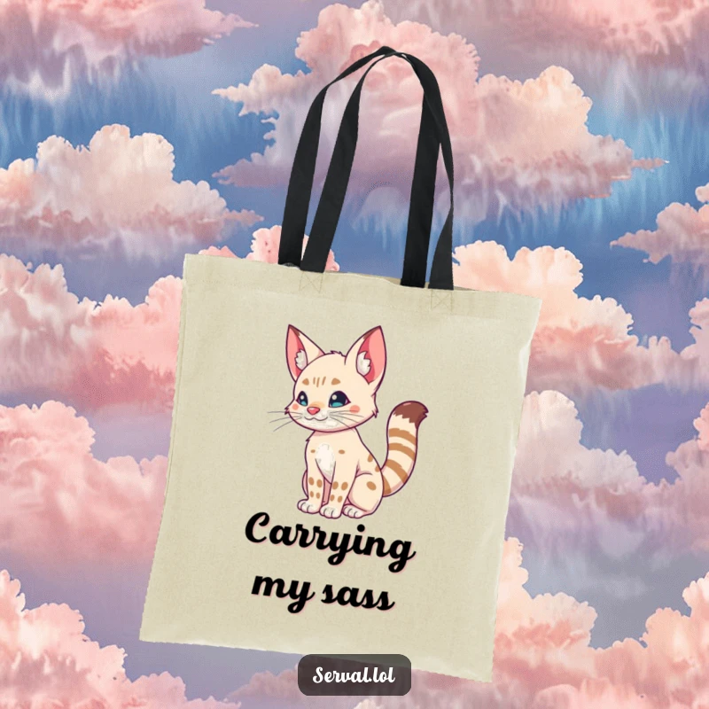 Funny tote bag featuring a serval doing a silly tail wiggle, a humorous accessory for cat lovers and playful souls.