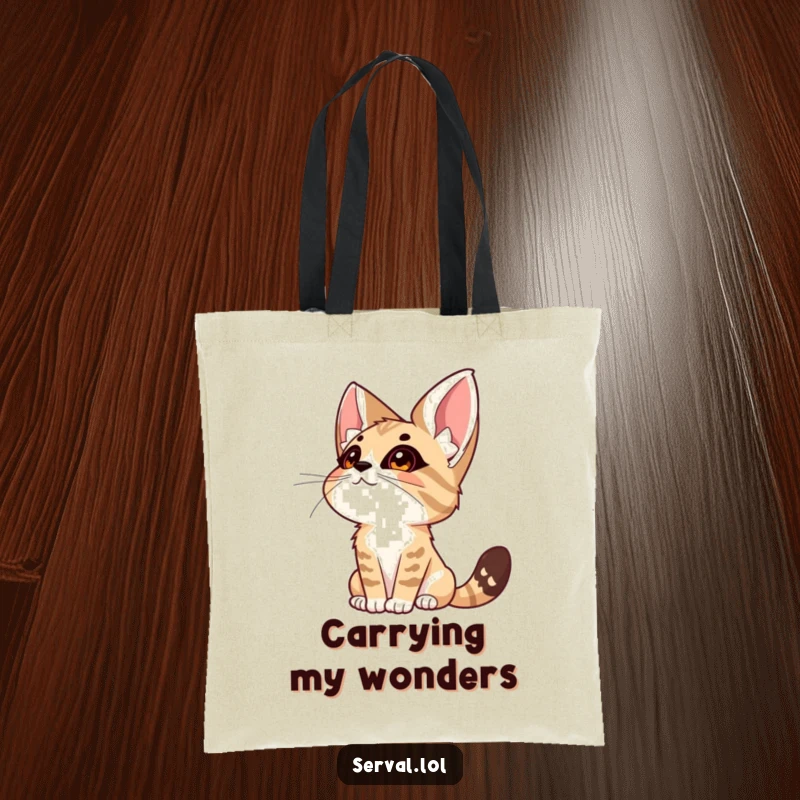 Funny Serval Wonder Tote Bag. A serval cat looks up at the sky with wide-eyed wonder, making this bag a symbol of curiosity.