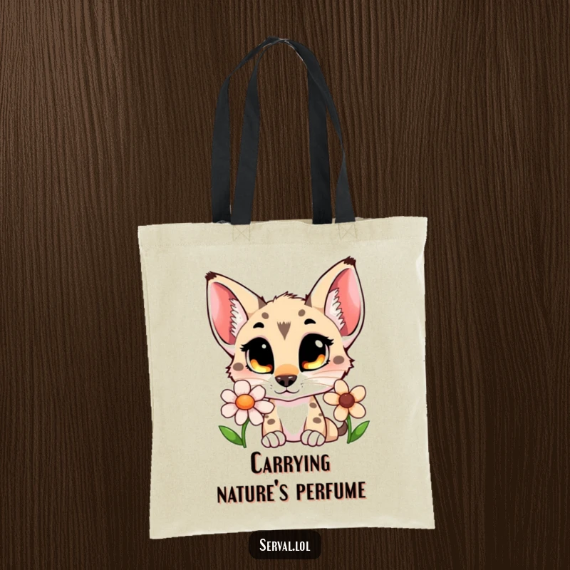 Funny serval tote bag with a wide-eyed cat sniffing a flower, offering a blend of practicality and charm.
