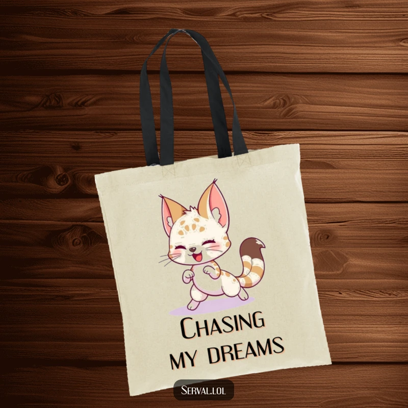 Funny Serval Tote Bag: A playful serval character in a funny pursuit of its own tail, a whimsical design.