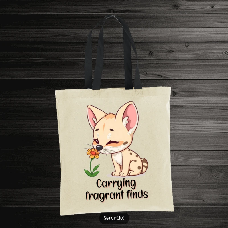 Funny Serval Tote Bag: A curious serval joyfully sniffs a colorful flower, a delightful and practical accessory.