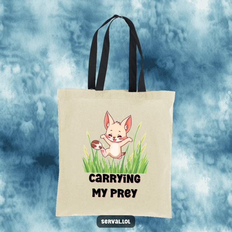 Funny tote bag showcasing a serval cat leaping playfully through tall grass, perfect for carrying essentials with wild charm.