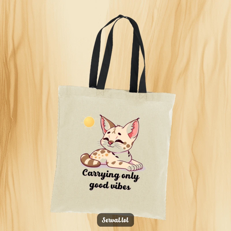 Funny serval tote bag featuring a serval gracefully stretching in the morning sun, exhaling a sigh of complete contentment and relaxation.