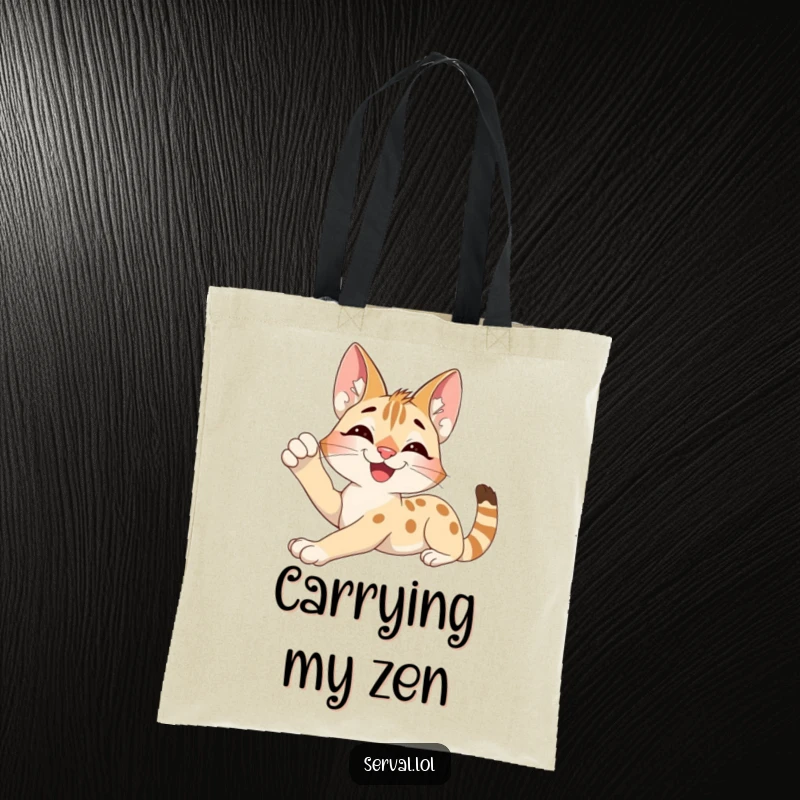Funny Serval Tote Bag: An excited serval character stretching contentedly, perfect for carrying essentials with a smile.