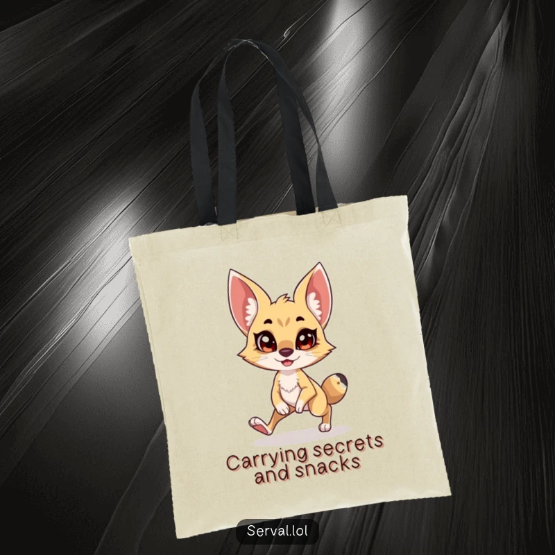 Funny Serval Tote Bag: A serval character in a funny, stealthy tiptoe stance with a mischievous grin, great for shopping.