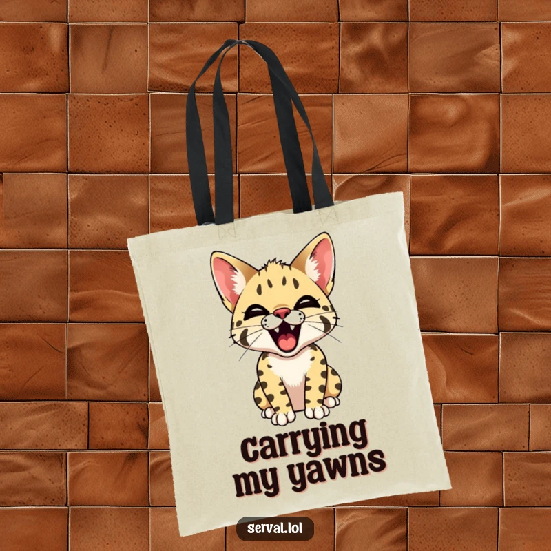 Funny Serval Yawn Tote Bag. A charming serval cat yawns, showing its tiny teeth, making this bag a humorous and practical accessory for cat lovers.