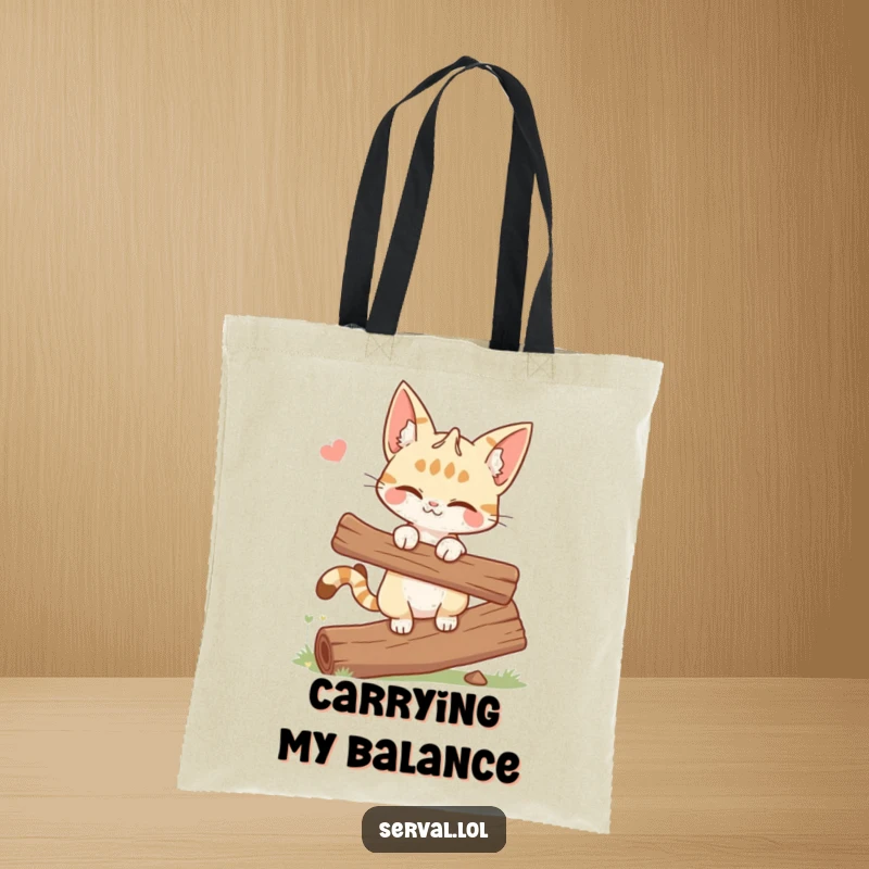 Funny tote bag illustrating a winking serval cat with exceptional balance while perched on a log, full of personality.