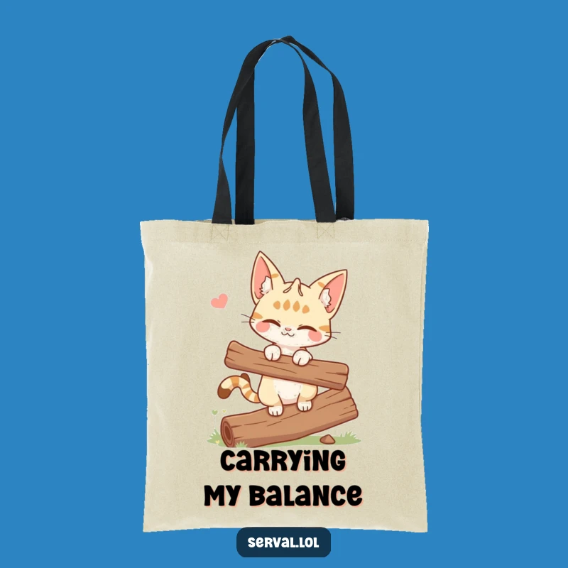 Funny Winking Serval Cat Tote Bag - Balancing Log Wild Cat Gift