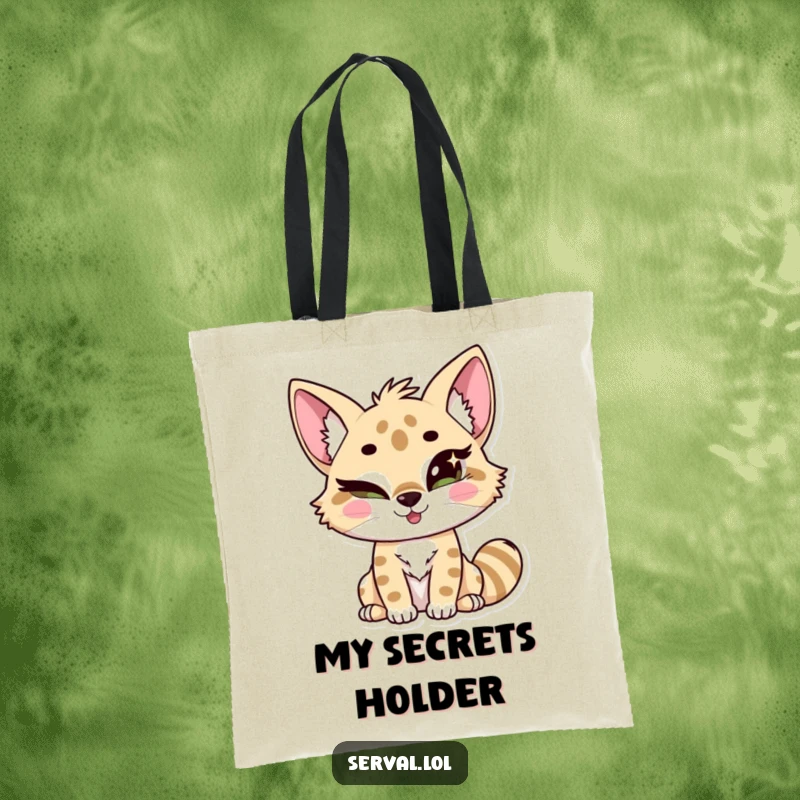 Funny kawaii serval cat winking mischievously, its eyes sparkling, adding a humorous touch to this practical tote bag. Excellent gift.