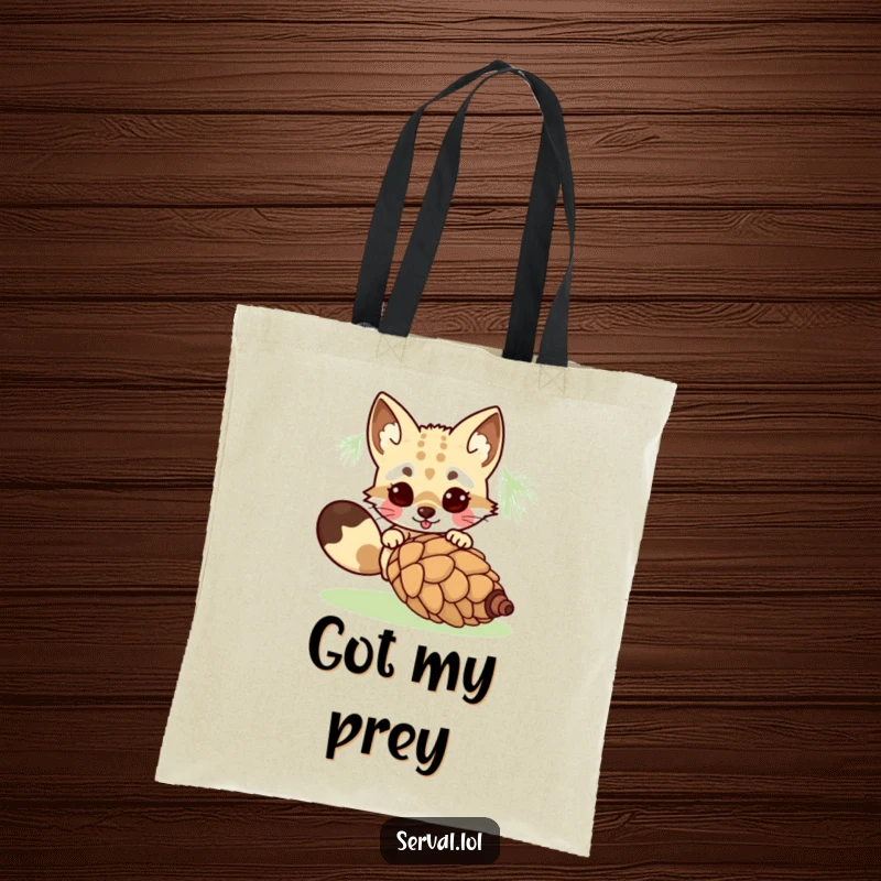 Funny kawaii serval character captured mid-pounce on a rolling pinecone, a humorous scene for everyday use. Excellent gift.