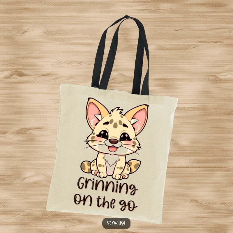 Funny kawaii serval character tote bag, adorable serval with a wide toothy grin, cute animal illustration, practical funny gift.