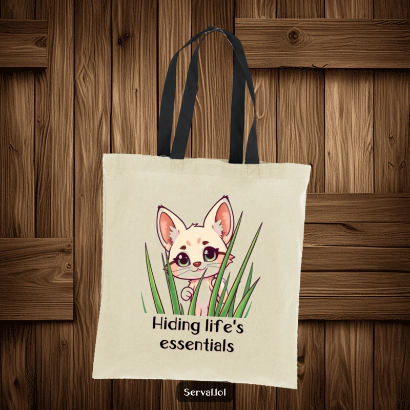 Funny Serval Tote Bag: A playful serval peeks with wide eyes from behind tall grass, a delightful and humorous carry-all.