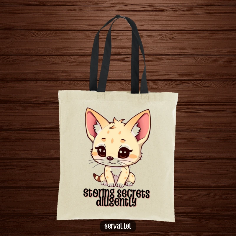 Funny kawaii serval character tote bag, ears up, attentively listening, cute animal illustration, practical and humorous funny gift.