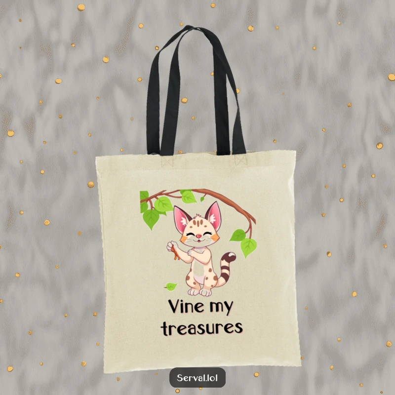 Funny serval tote bag illustrating a serval playfully interacting with a dangling vine, practical and fun.