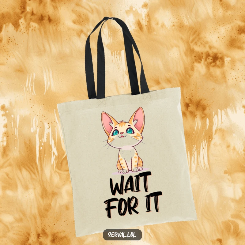 Funny serval cat character tote bag with a serval cat looking expectantly at the sky, ready for a day of dreaming.